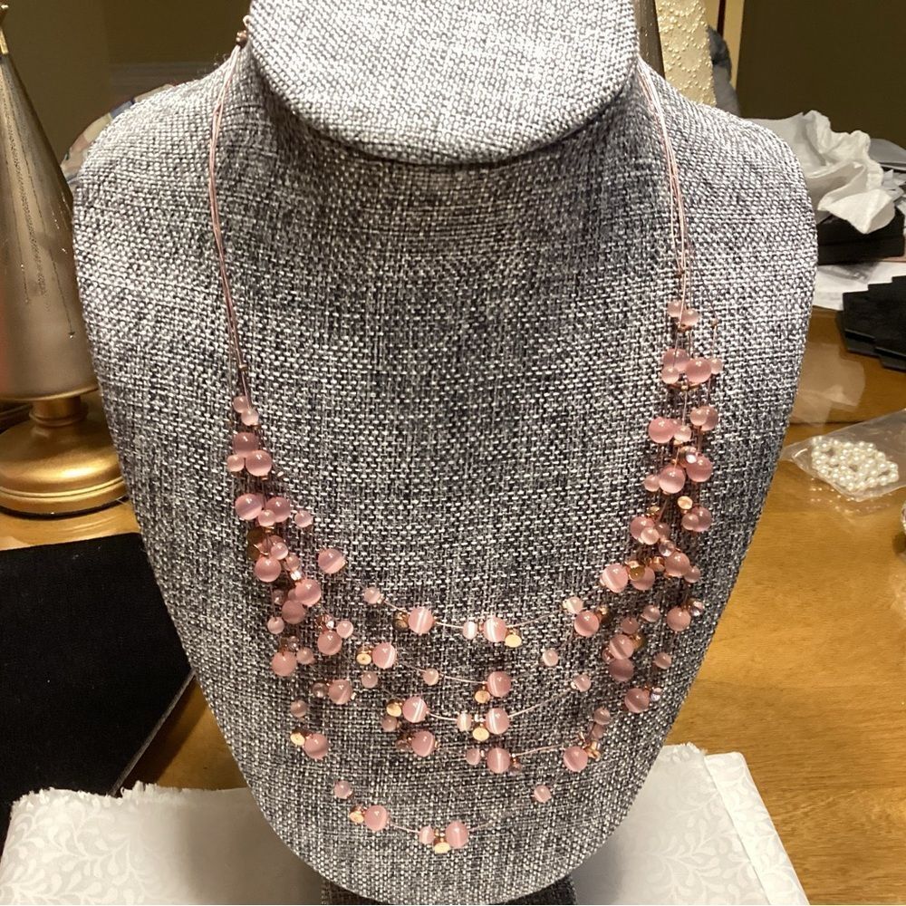 Coppertone Chain and Wire Floating Pink Beaded Necklace